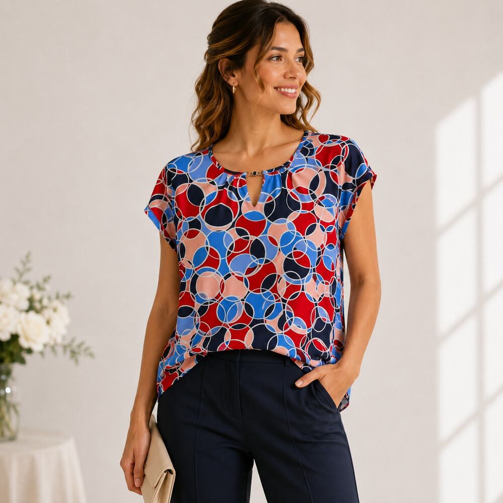 Susan Graver Liquid Knit Patriotic Blouse Women's Size M Office Casual Festive